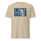 Beige t-shirt with blue 'Inline Skater' text on a white background