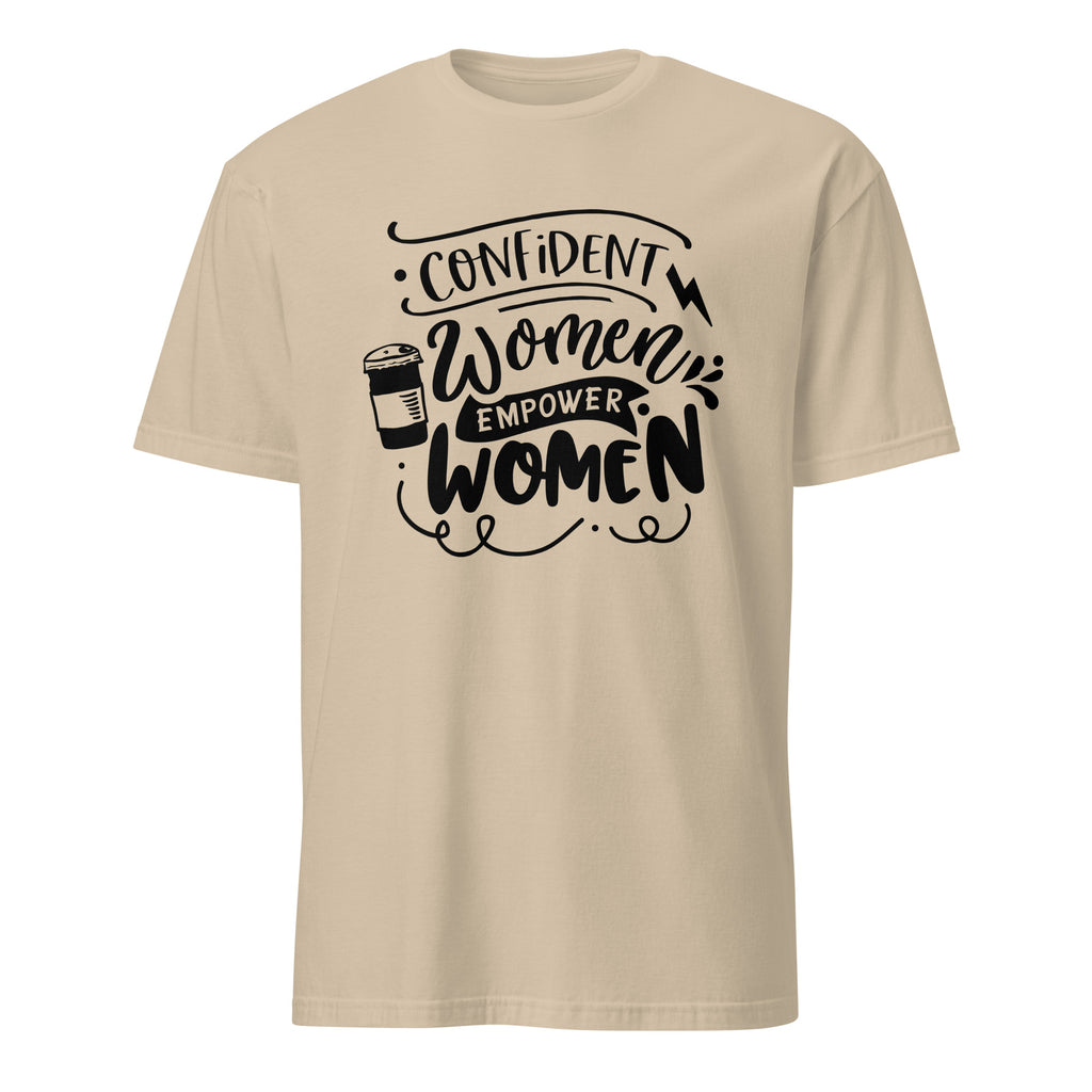 Beige t-shirt with black motivational text design on a white background