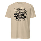 Beige t-shirt with black motivational text design on a white background