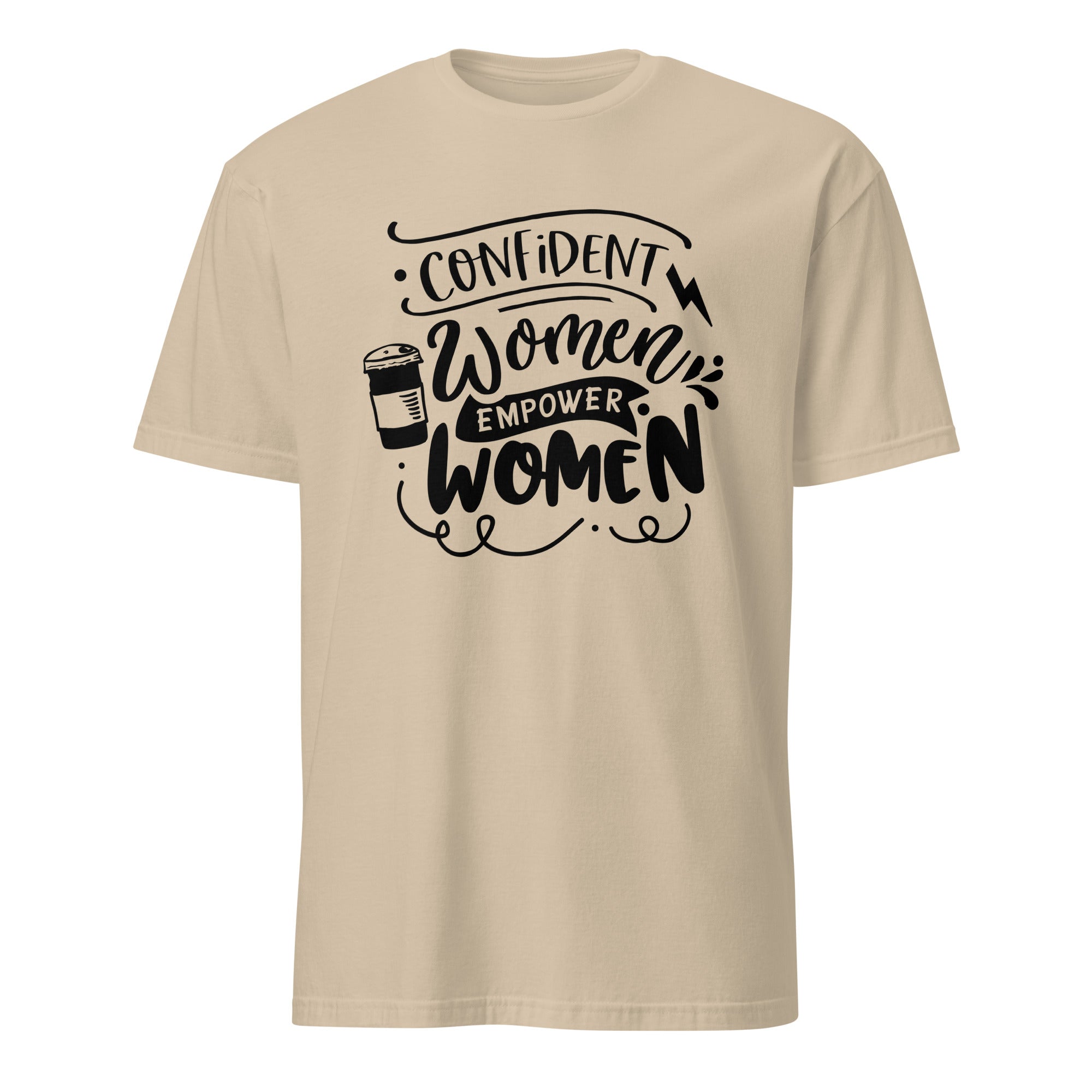 Beige t-shirt with black motivational text design on a white background