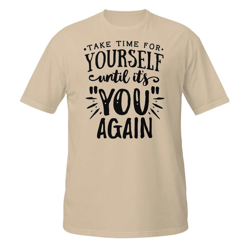 Beige t-shirt with motivational quote on a white background