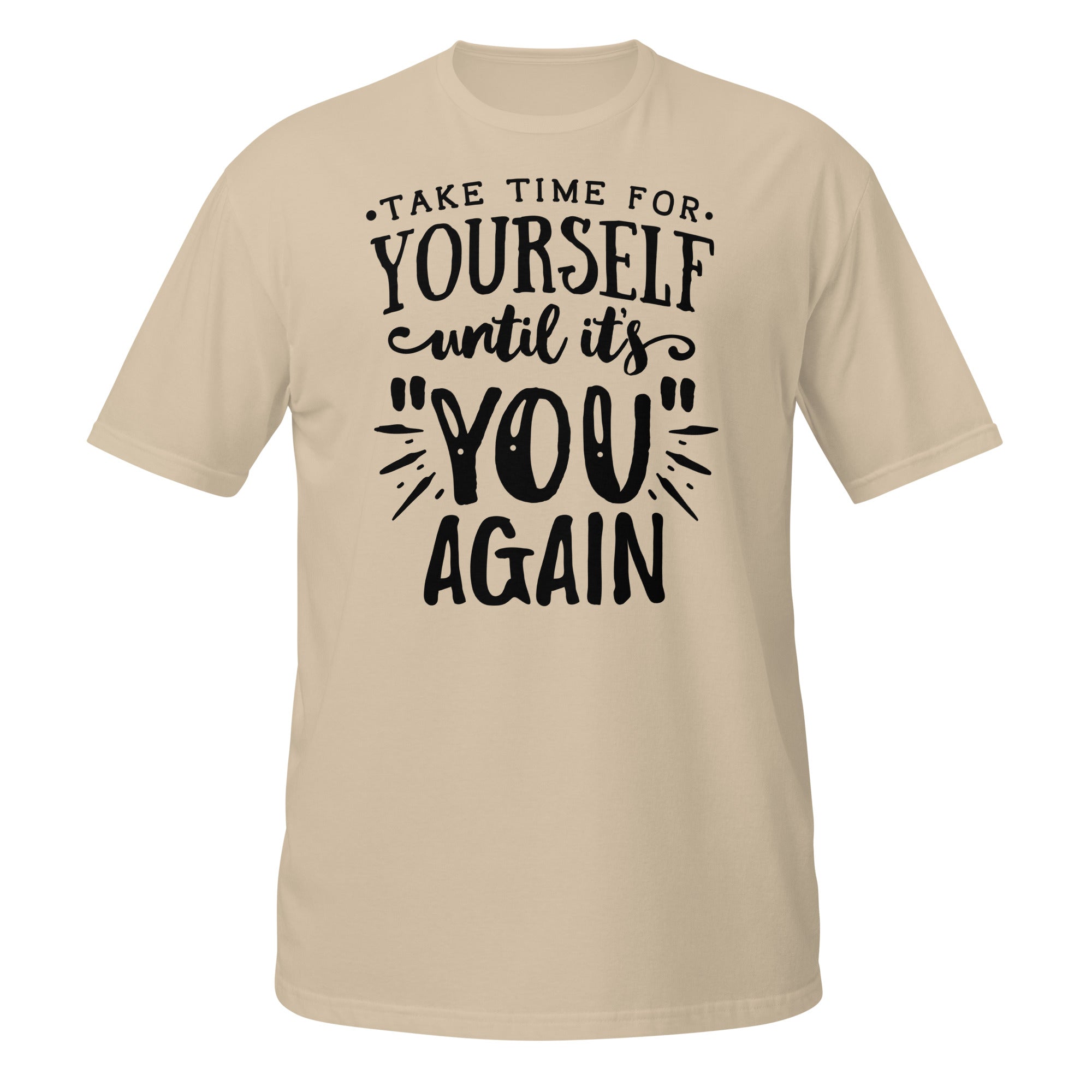 Beige t-shirt with motivational quote on a white background