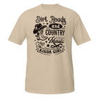 Beige t-shirt with black graphic and text 'Dirt Roads and Country Music Kinda Girl' on a white background