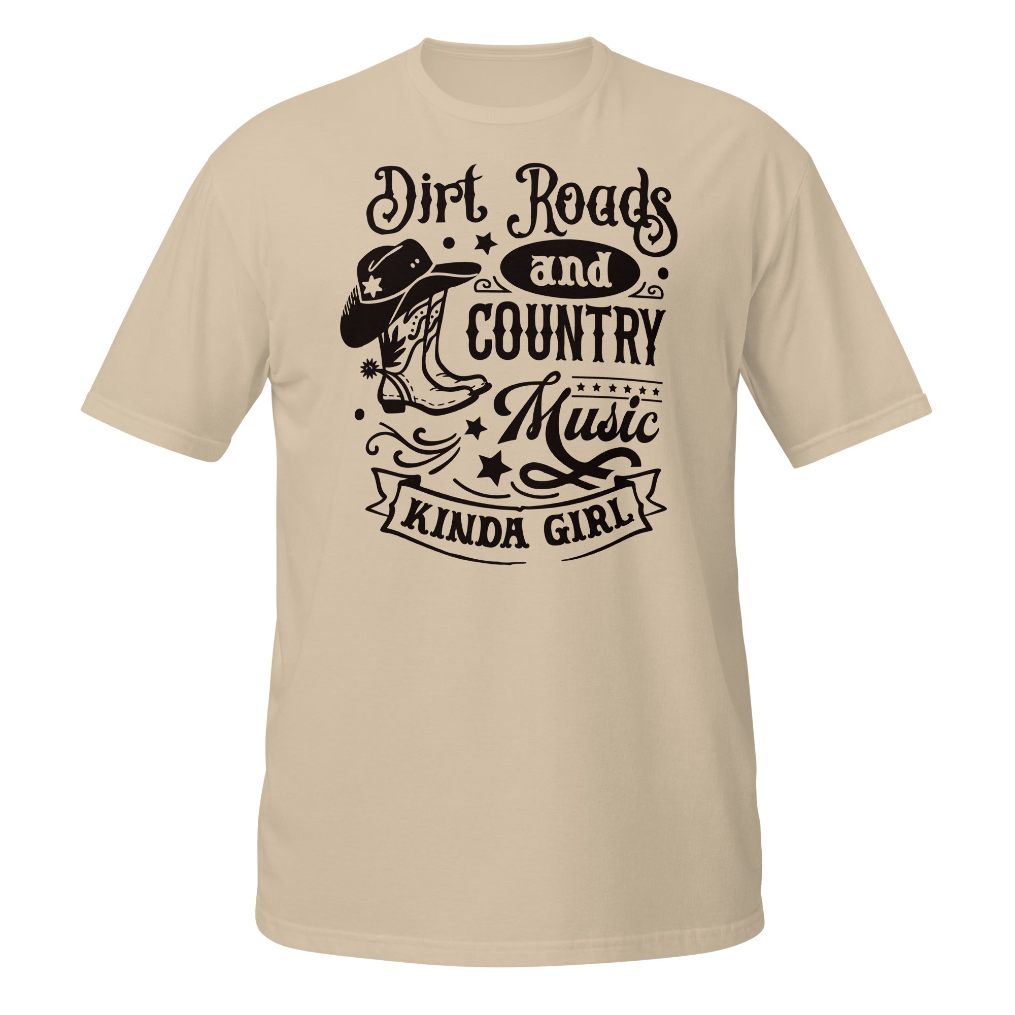 Beige t-shirt with black graphic and text 'Dirt Roads and Country Music Kinda Girl' on a white background