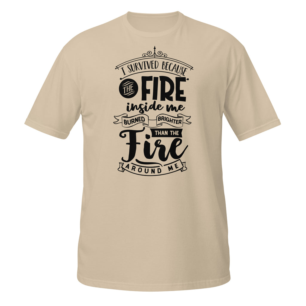 Beige t-shirt with motivational quote in black on a white background