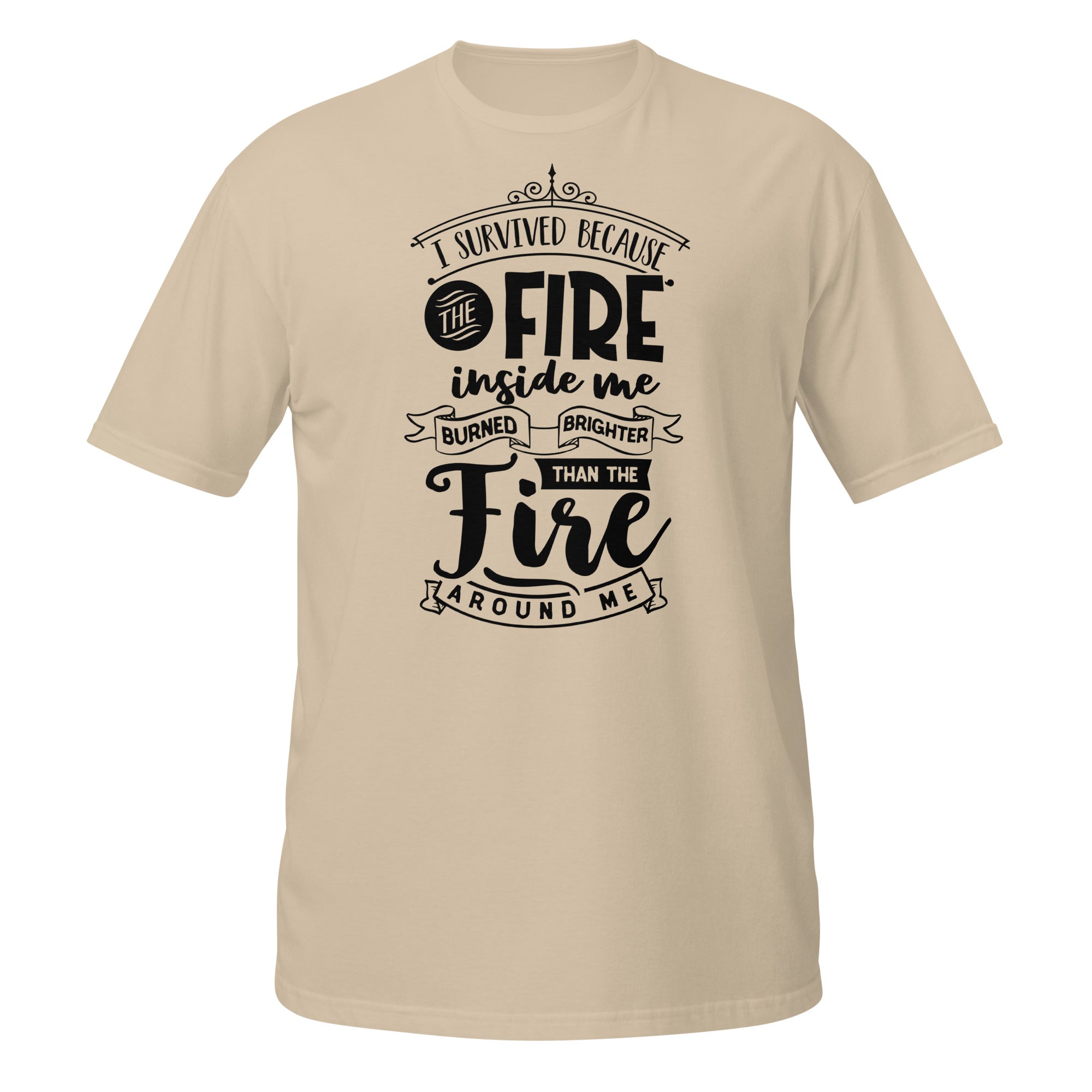 Beige t-shirt with motivational quote in black on a white background
