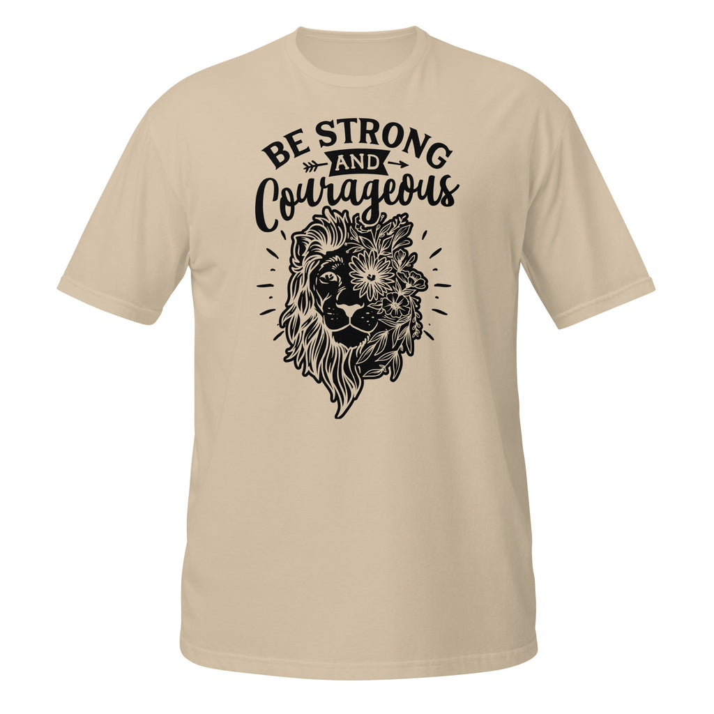 Beige t-shirt with black lion graphic and 'Be Strong and Courageous' text on a white background