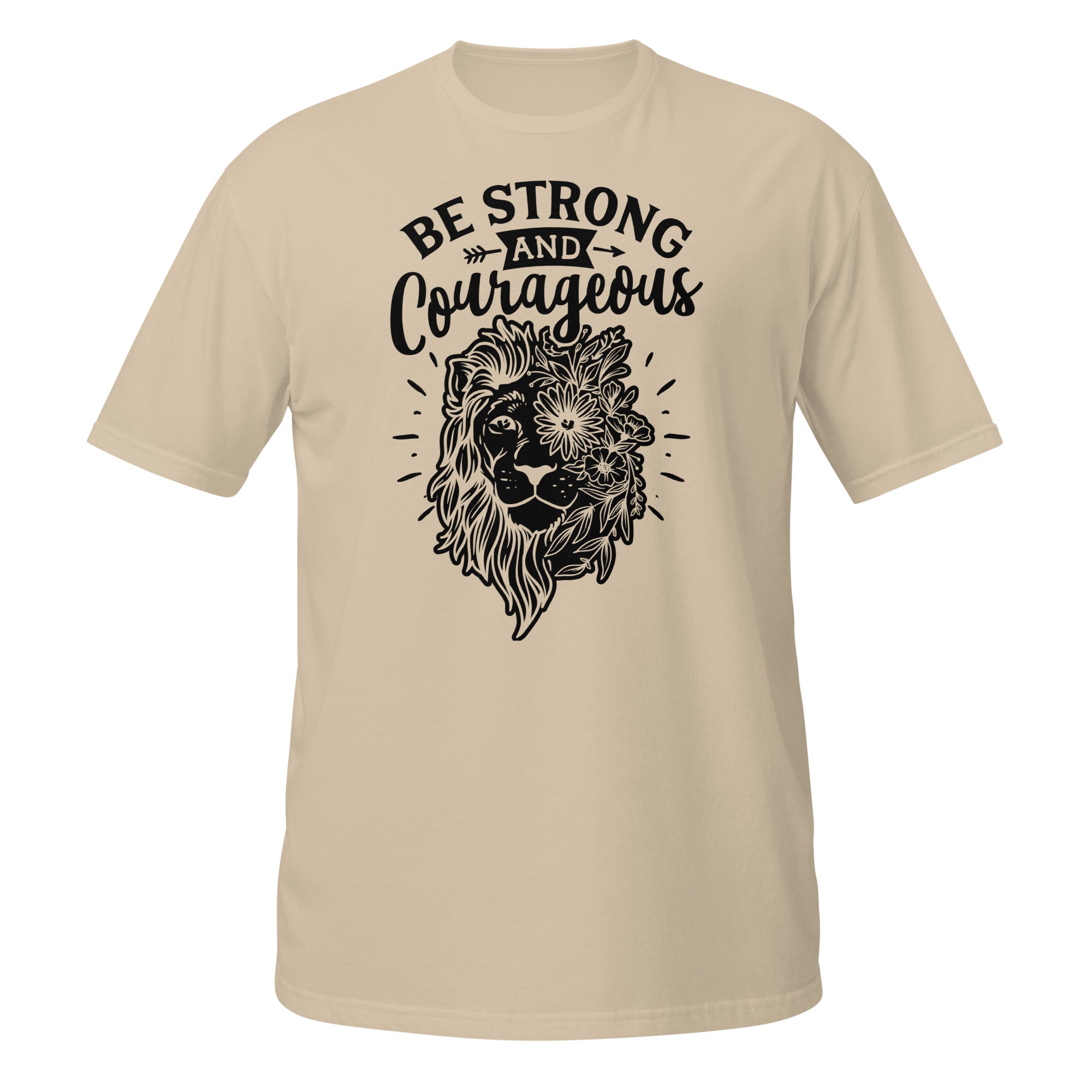 Beige t-shirt with black lion graphic and 'Be Strong and Courageous' text on a white background