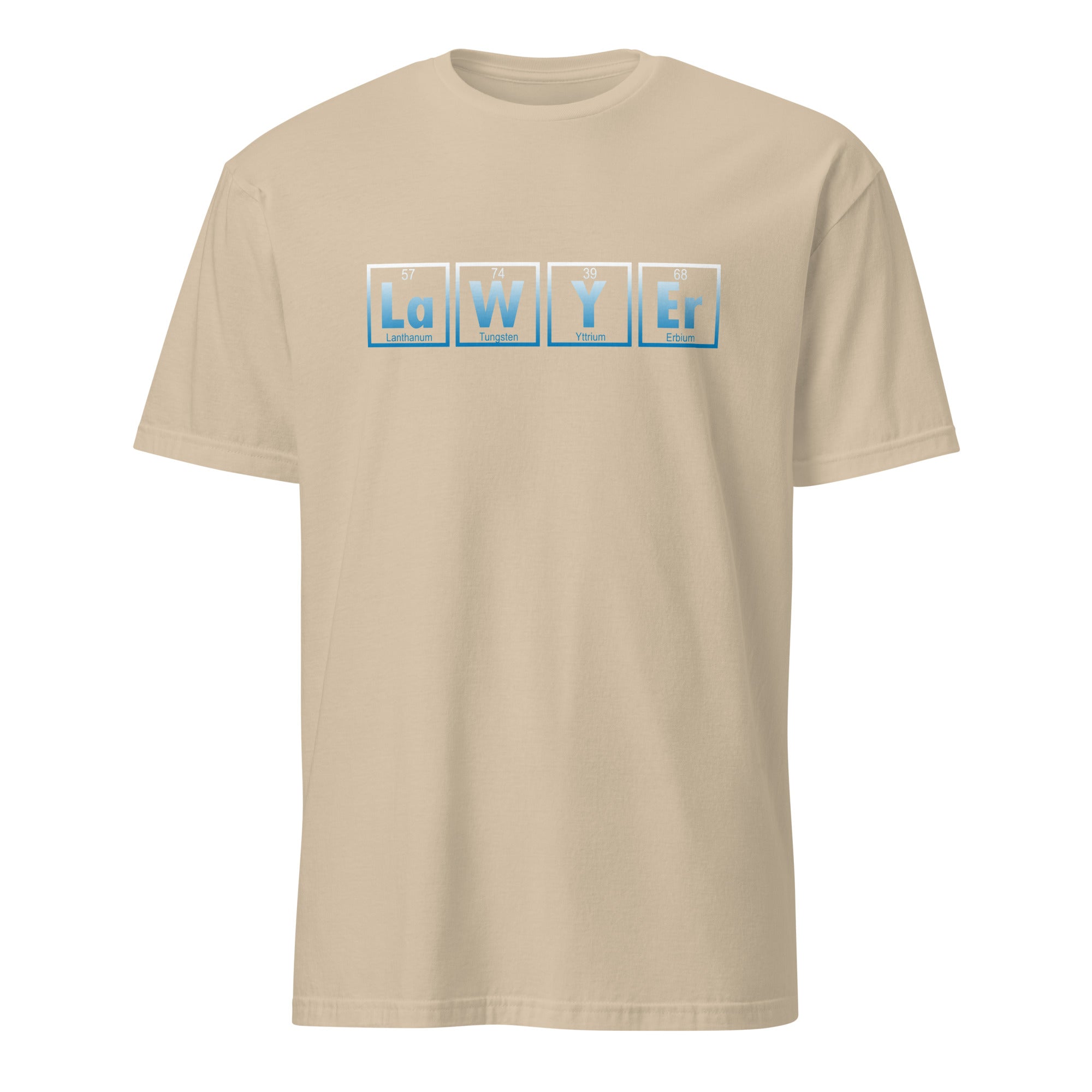 Beige t-shirt with 'Lawyer' spelled out using legal jargon on a white background