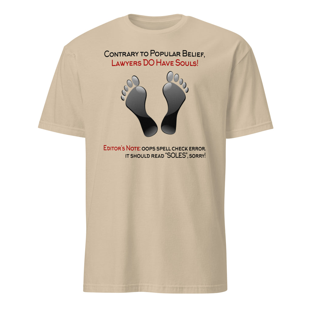 Beige t-shirt with graphic of feet and humorous text on a white background
