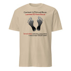 Beige t-shirt with graphic of feet and humorous text on a white background