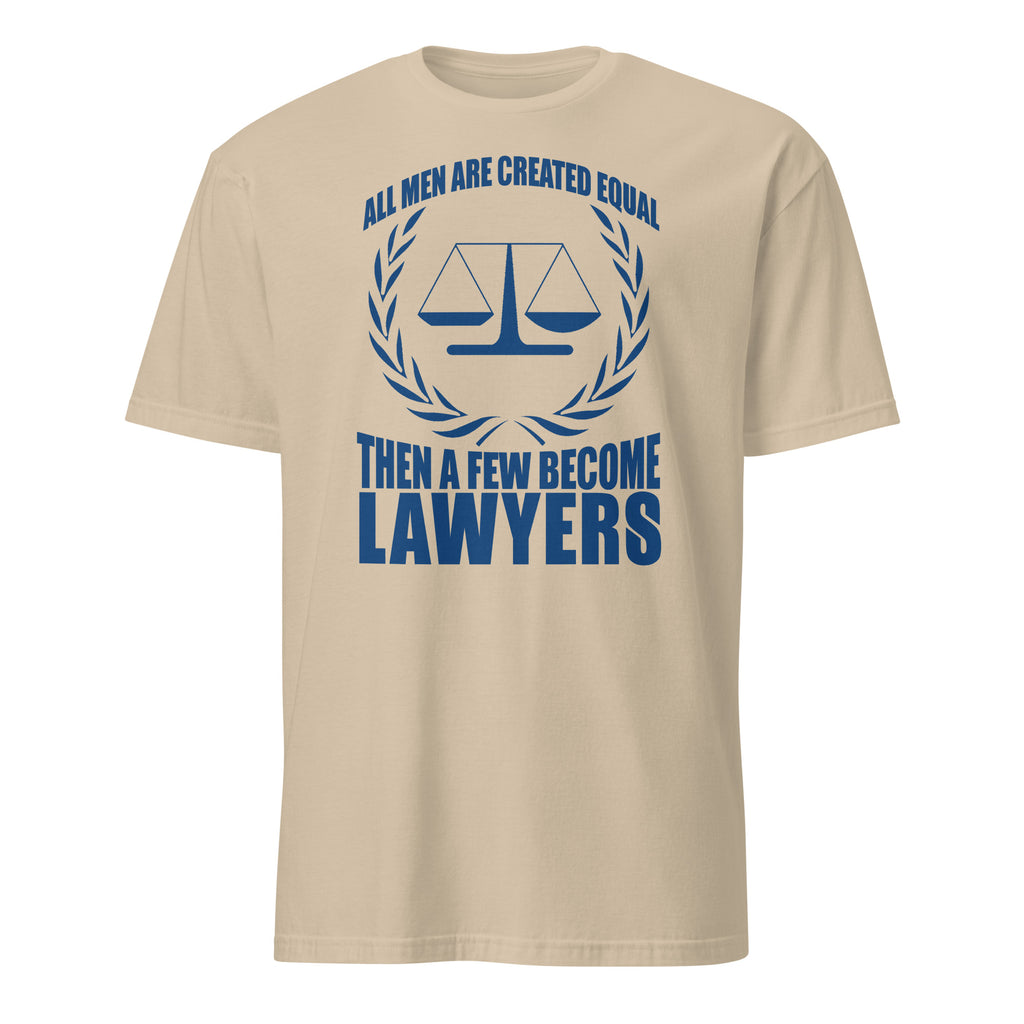 Beige t-shirt with blue text and law scale graphic on a white background
