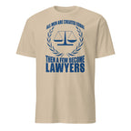 Beige t-shirt with blue text and law scale graphic on a white background