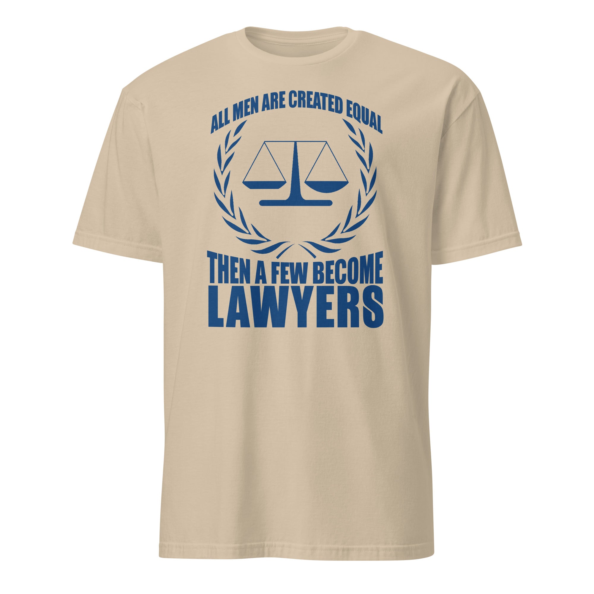 Beige t-shirt with blue text and law scale graphic on a white background