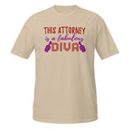 Beige t-shirt with text 'This Attorney is a fabulous DIVA' on a white background