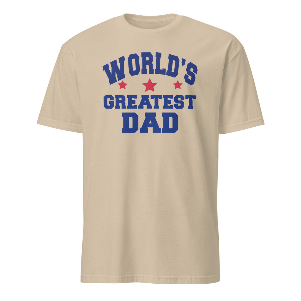 Sand t-shirt with World's Greatest Dad Text and red star graphics on a white background