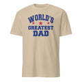 Sand t-shirt with World's Greatest Dad Text and red star graphics on a white background