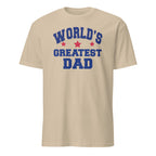 Sand t-shirt with World's Greatest Dad Text and red star graphics on a white background