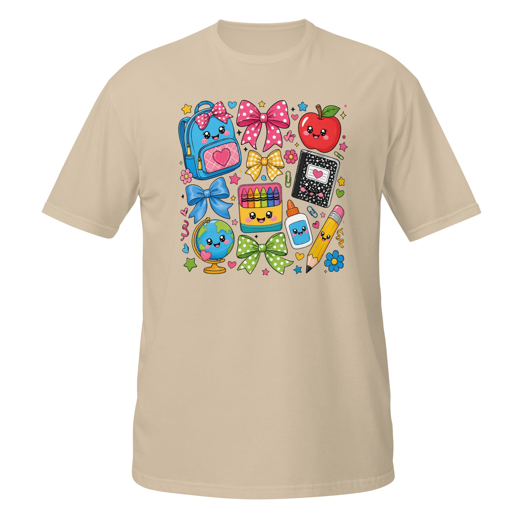 A beige short-sleeve crewneck t-shirt featuring a colorful cartoon school supplies graphic on the chest, including a blue backpack, red apple, bow, globe, and pencil on a white background.