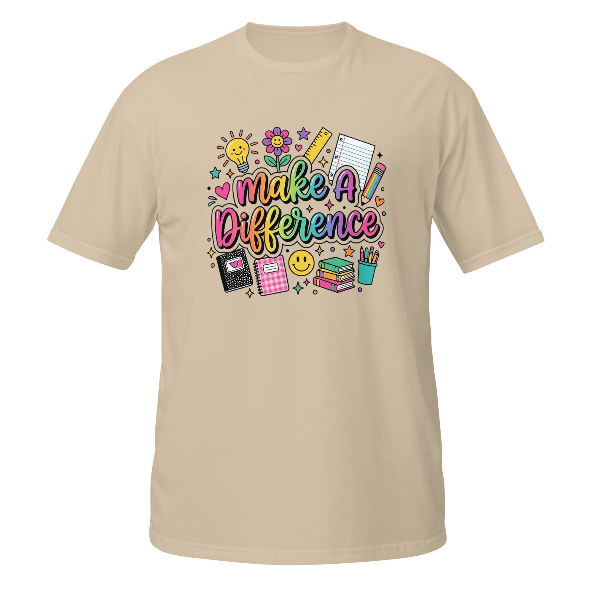 A beige short-sleeve t-shirt with a colorful graphic on the chest that reads 'Make A Difference' surrounded by school-themed doodles like a lightbulb, flowers, a ruler, a pencil, notebooks, and a smiley face.
