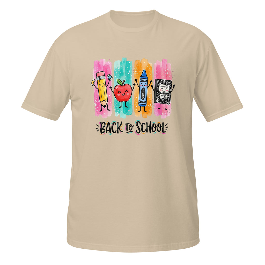 A beige short-sleeve t-shirt with a colorful 'Back to School' graphic on the chest, featuring cartoon drawings of a pencil, apple, crayon, and book over pink, blue, orange, and yellow watercolor-style stripes.