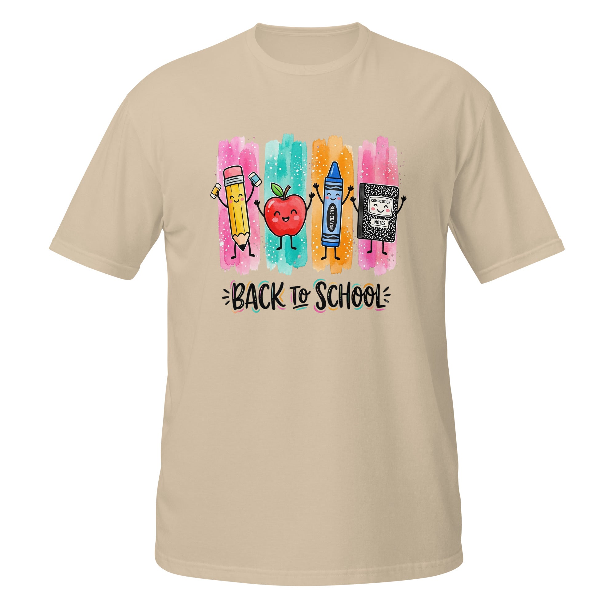 A beige short-sleeve t-shirt with a colorful 'Back to School' graphic on the chest, featuring cartoon drawings of a pencil, apple, crayon, and book over pink, blue, orange, and yellow watercolor-style stripes.