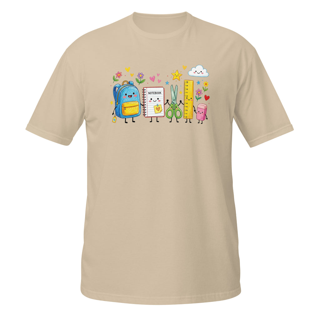 A beige short-sleeve crewneck t-shirt featuring a colorful cartoon graphic of school supplies (a blue backpack, notebook, scissors, ruler, and pencil) on the chest, displayed against a solid white background.