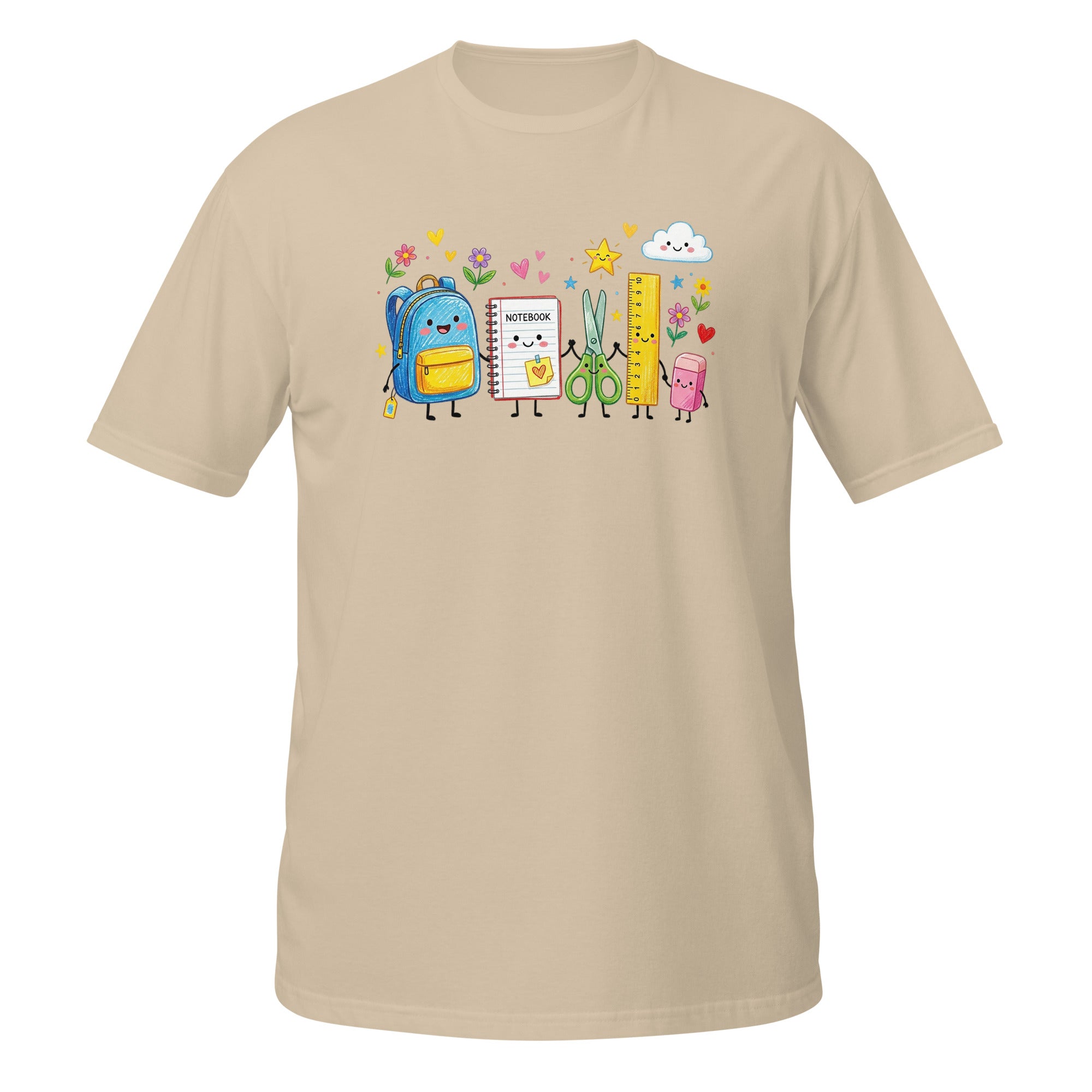 A beige short-sleeve crewneck t-shirt featuring a colorful cartoon graphic of school supplies (a blue backpack, notebook, scissors, ruler, and pencil) on the chest, displayed against a solid white background.