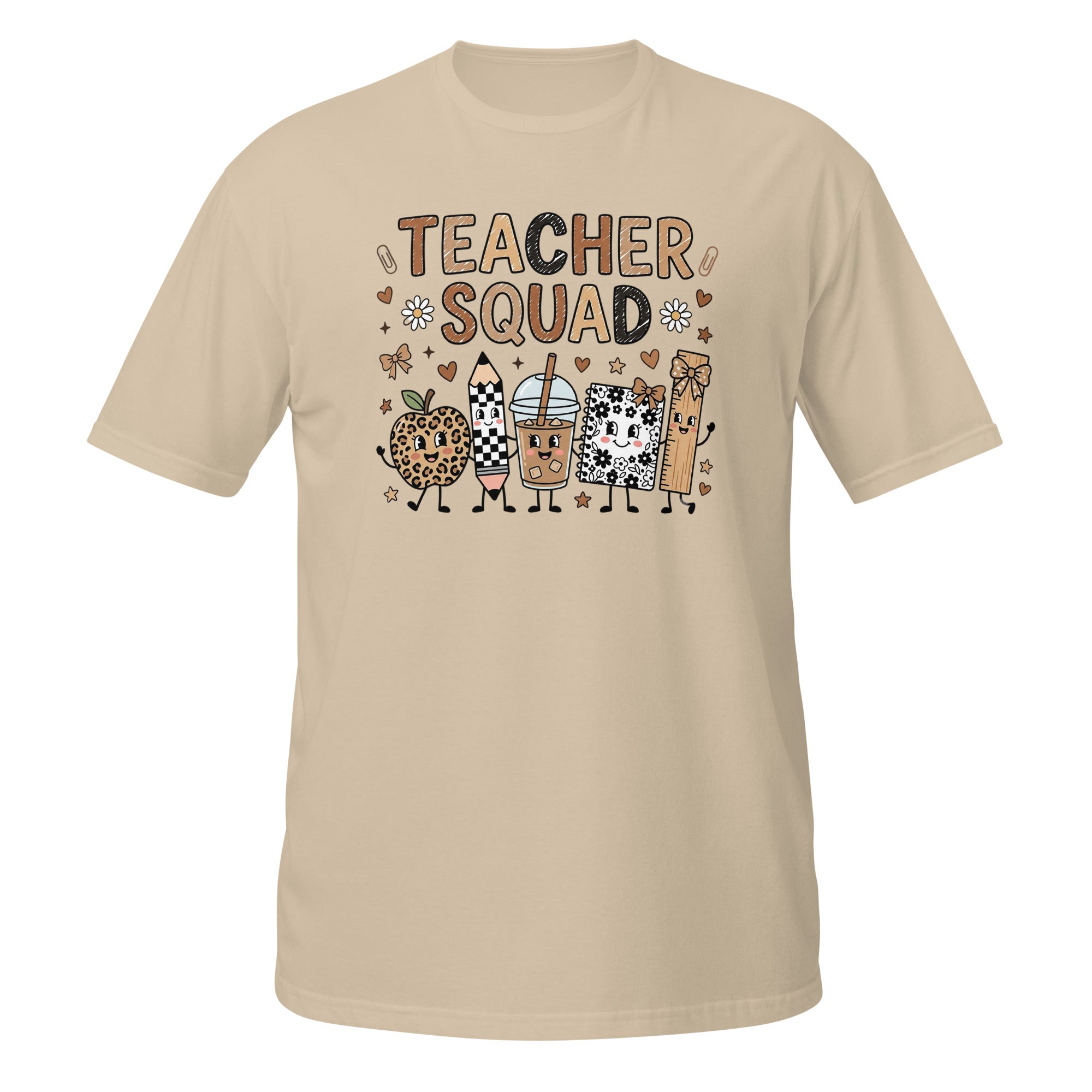 A beige short-sleeve crewneck t-shirt featuring a colorful graphic on the front that reads 'TEACHER SQUAD' above five cute cartoon characters representing school supplies and treats.