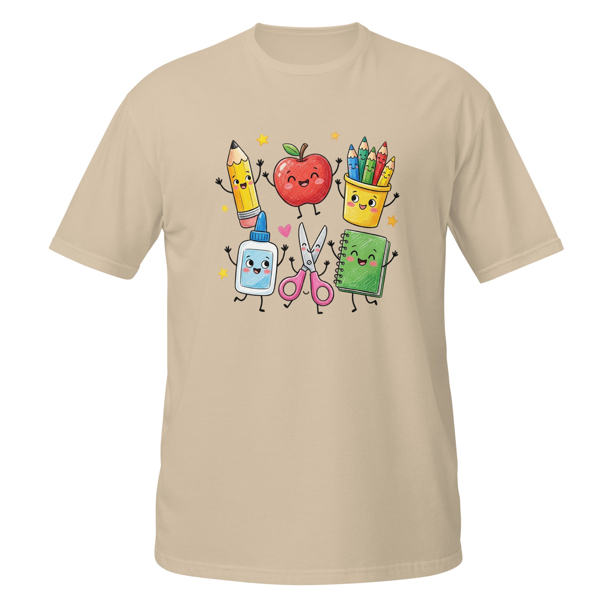 A beige short-sleeve crewneck t-shirt featuring a colorful cartoon graphic of school supplies on the chest, including a yellow pencil, red apple, yellow cup of crayons, blue glue stick, pink scissors, and green notebook.