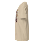 Left view of a plain sand t-shirt on a white background