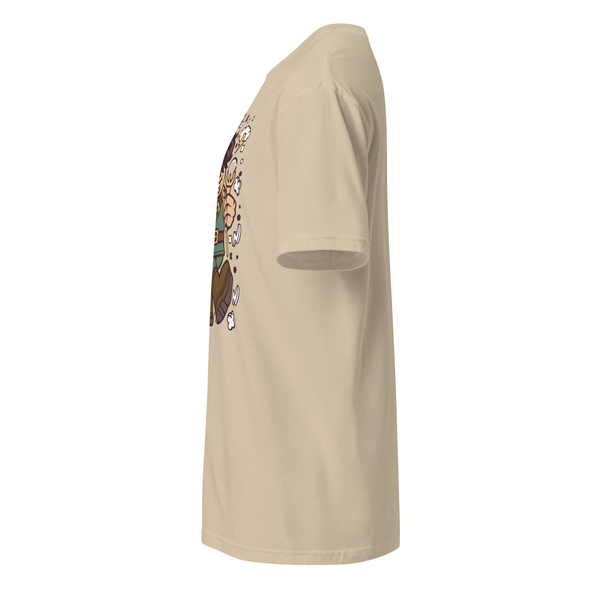 Left view of a sand t-shirt on a white background