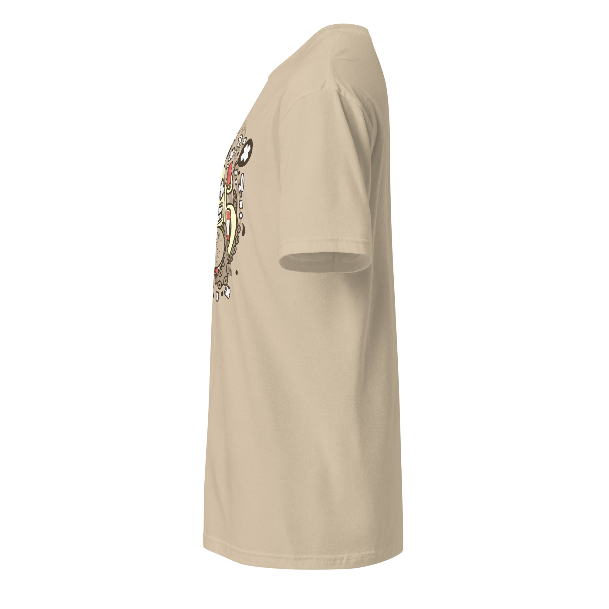 Left view of a plain sand t-shirt on a white background