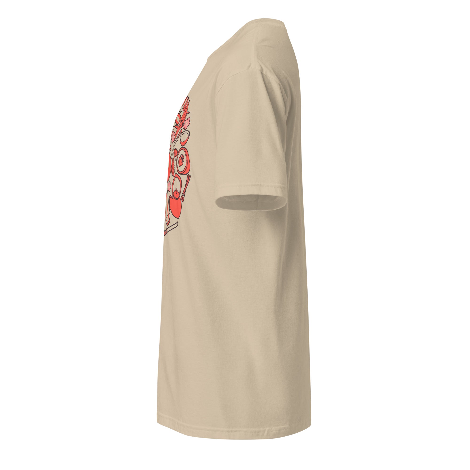 Left view of a plain Sand t-shirt on a white background