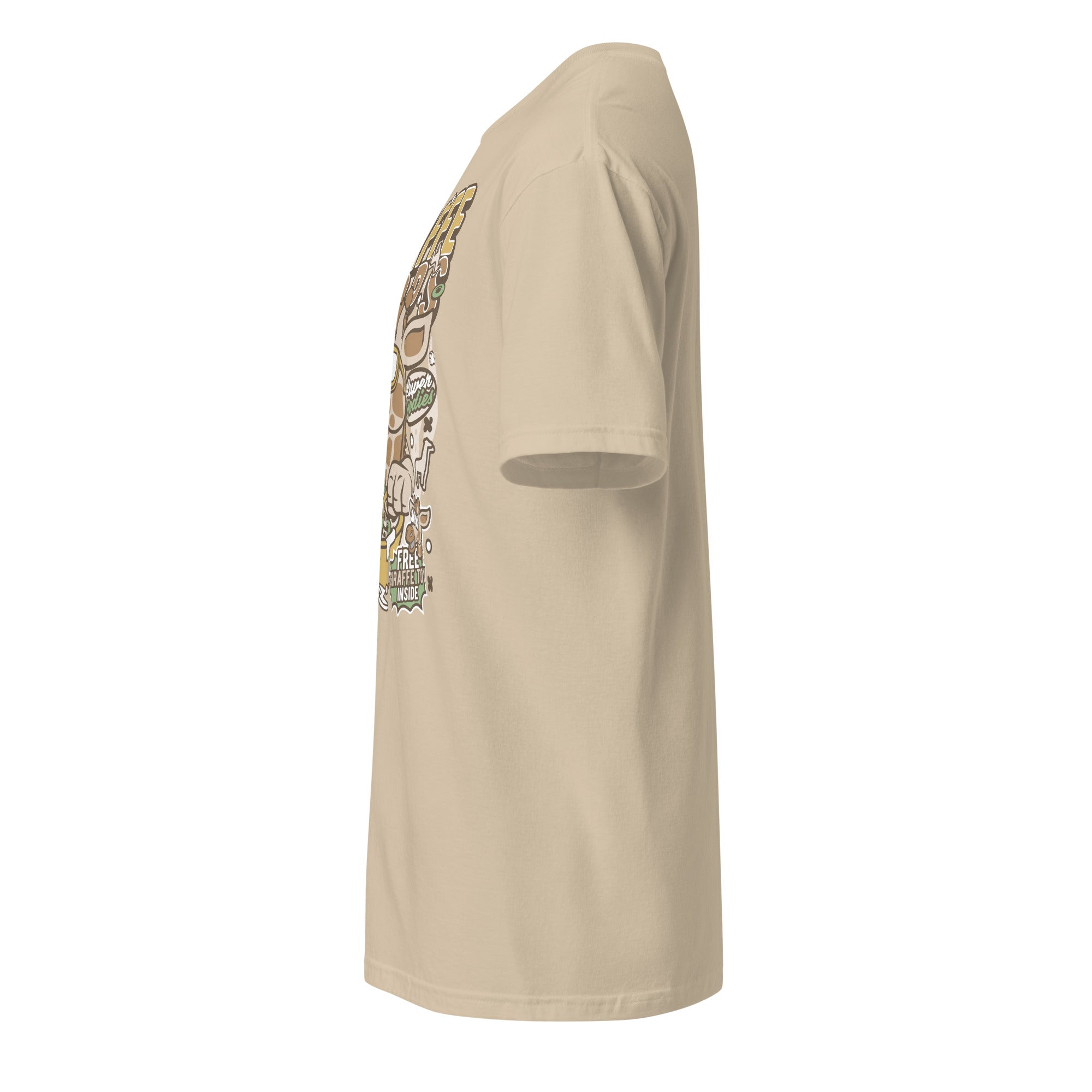 Left view of a plain sand t-shirt on a white background