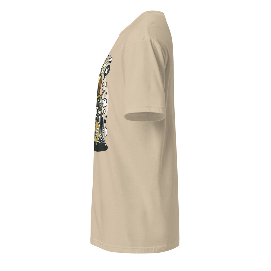 Left view of a plain sand t-shirt on a white background