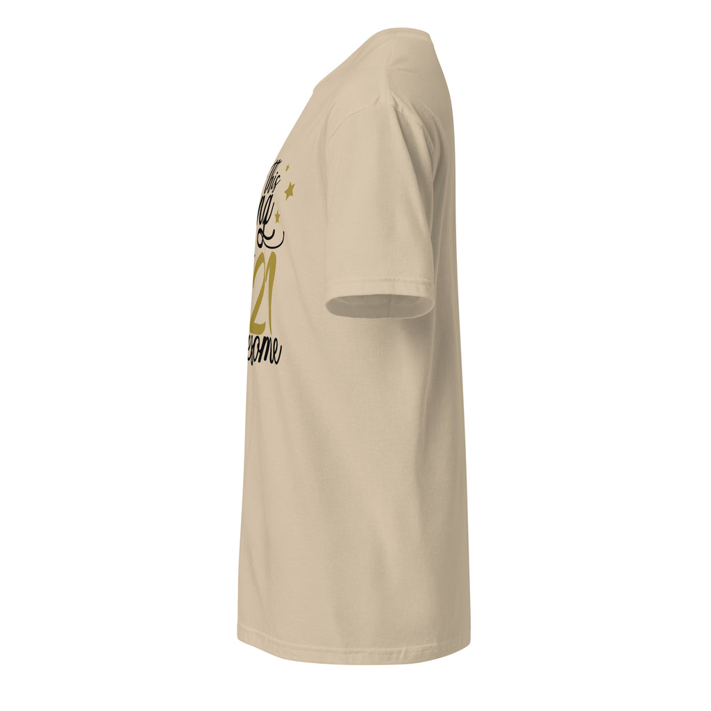 Left view of a sand t-shirt on a white background