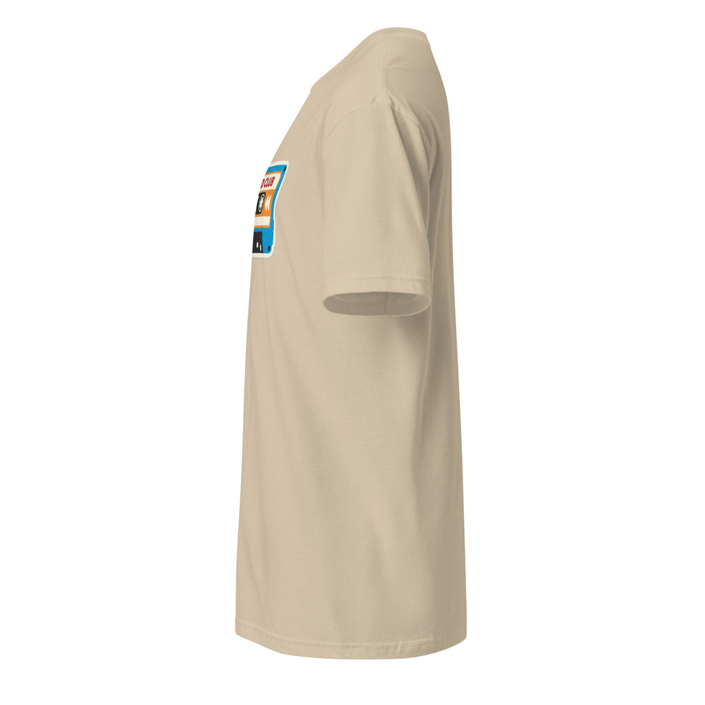 Left view of a sand t-shirt against a white background