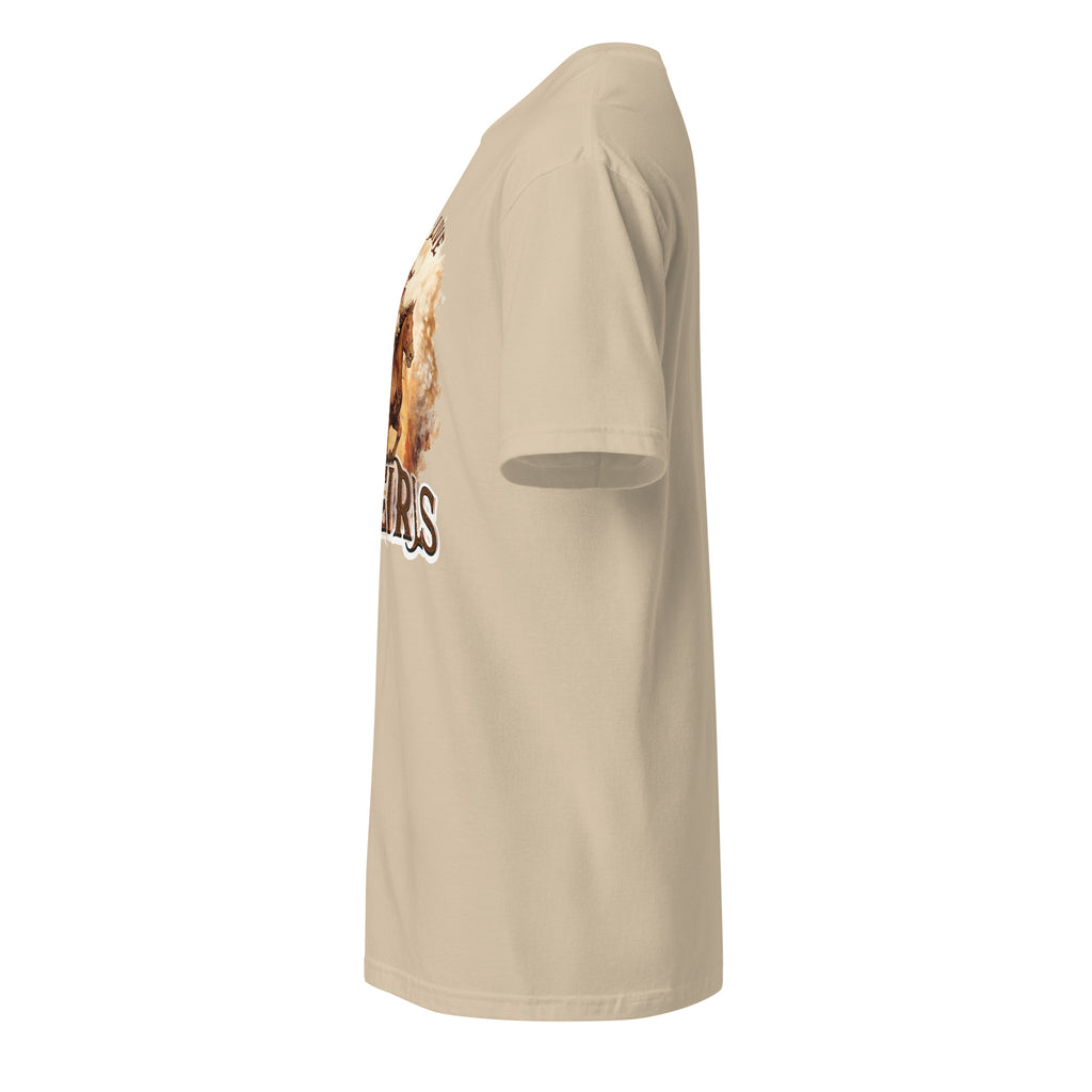 Left view of a sand t-shirt on a white background