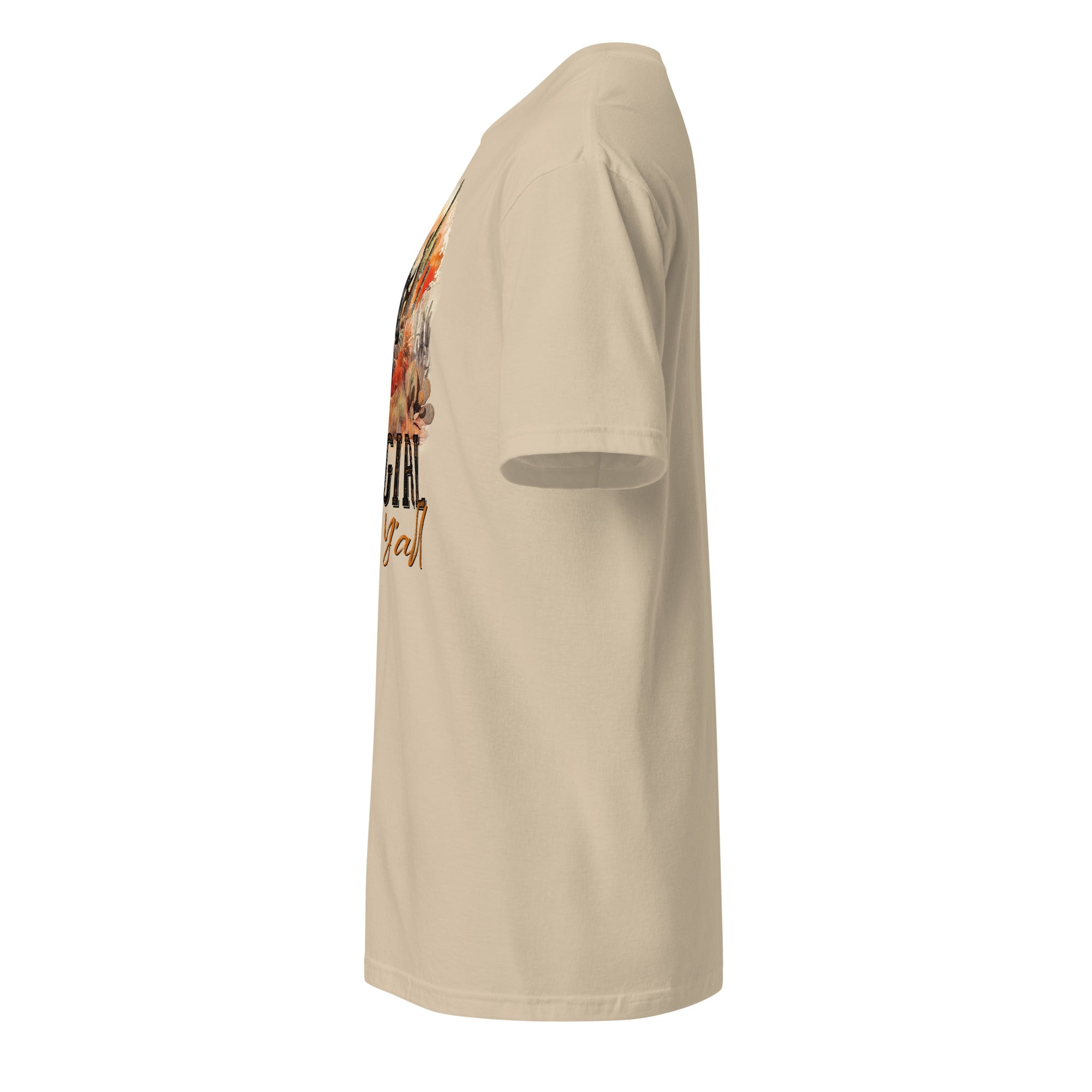 Left view of a sand t-shirt on a white background