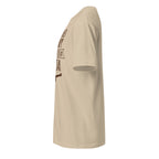 Left view of plain sand t-shirt on a white background