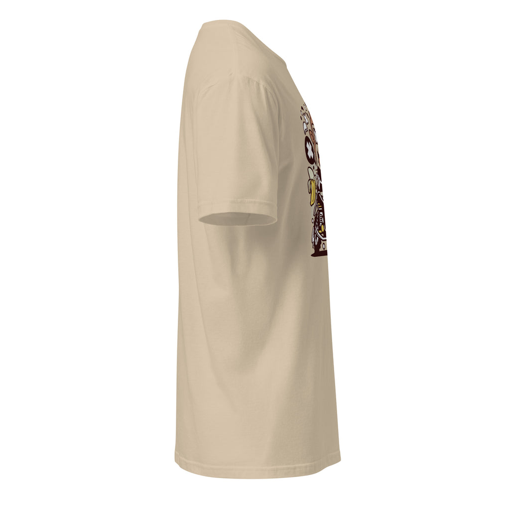 Right view of a plain sand t-shirt on a white background
