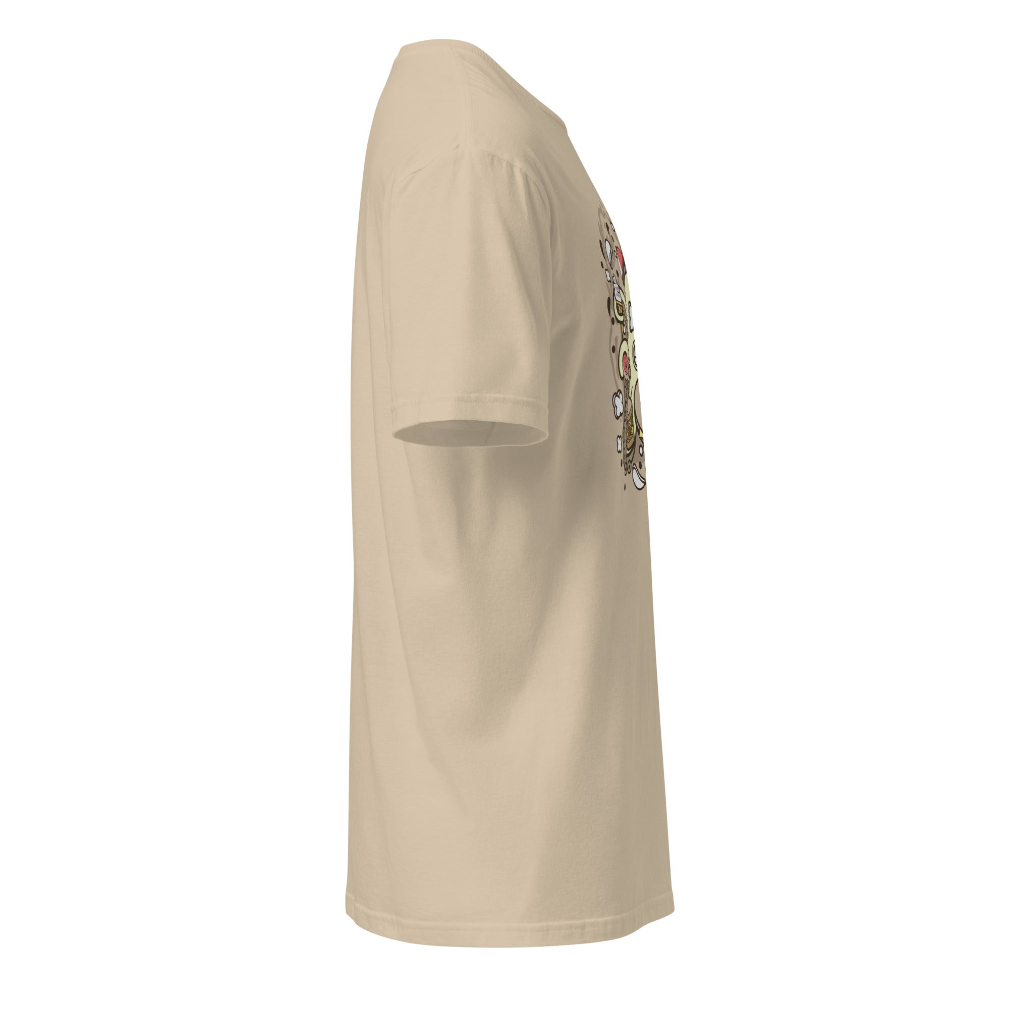 Right view of a plain sand t-shirt on a white background