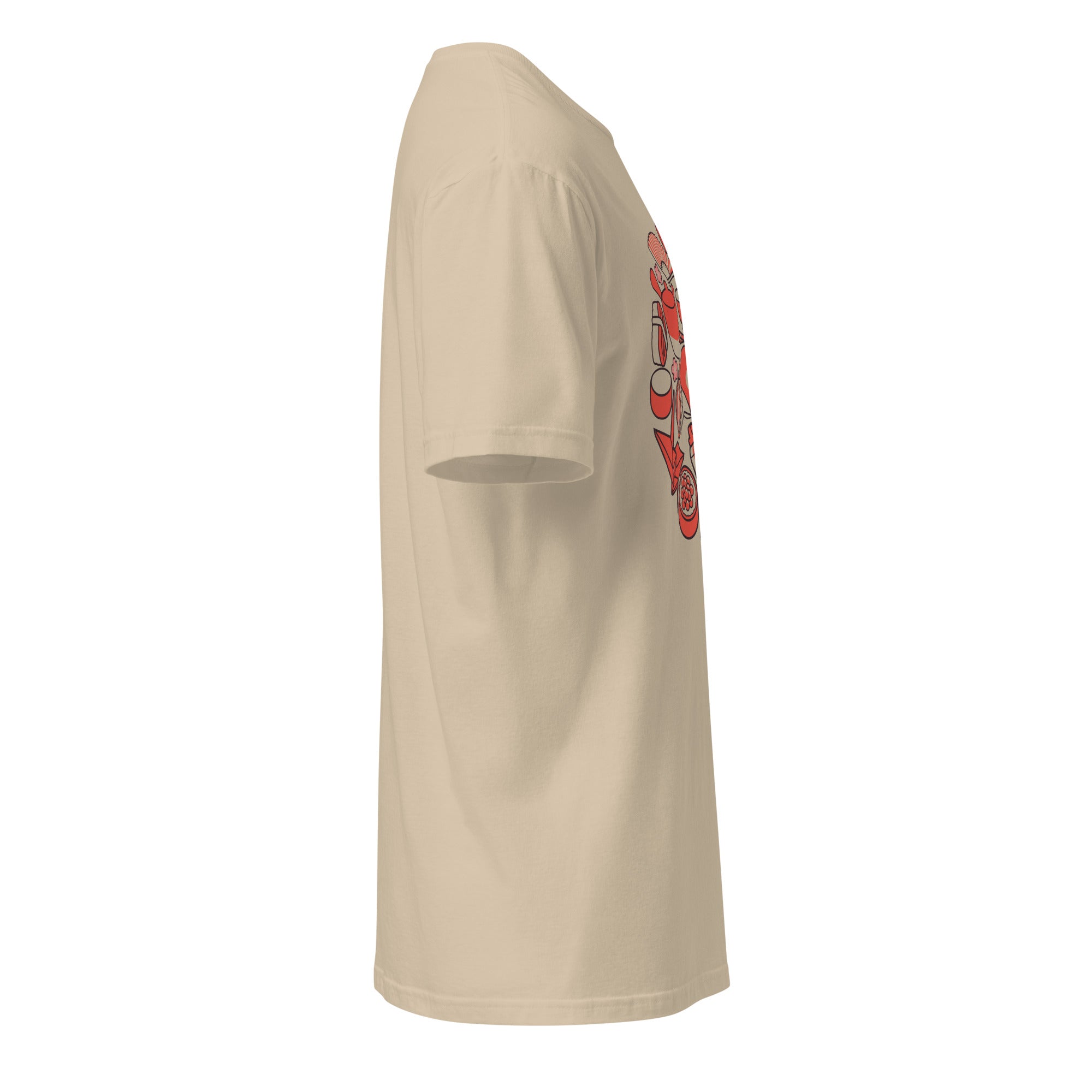 Right view of a plain Sand t-shirt on a white background