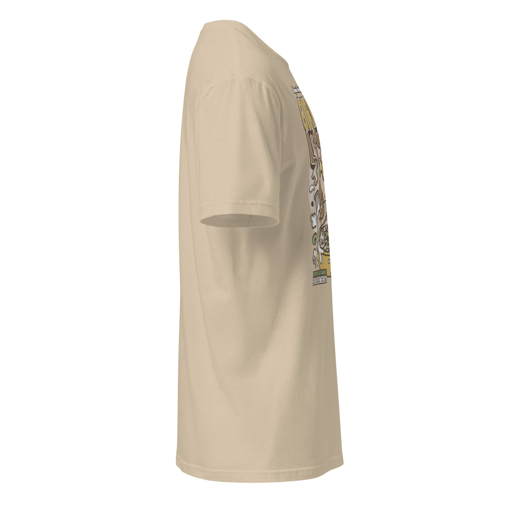 Right view of a plain sand t-shirt on a white background