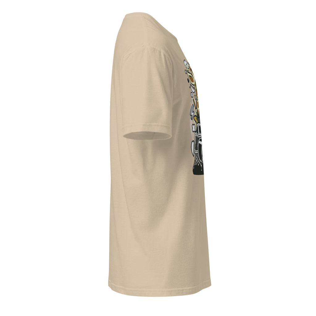 Right view of a plain sand t-shirt on a white background