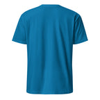 Back view of a sapphire t-shirt against a white background