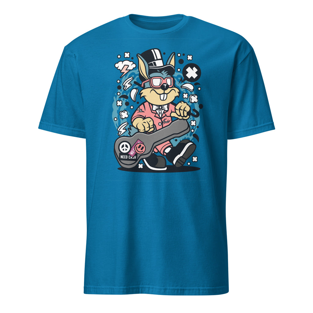 Blue t-shirt with a cartoon character holding a skateboard on a white background