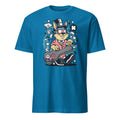 Blue t-shirt with a cartoon character holding a skateboard on a white background
