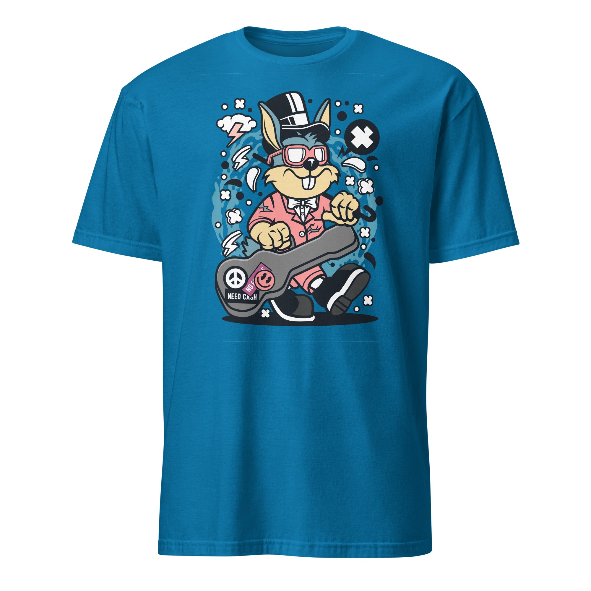 Blue t-shirt with a cartoon character holding a skateboard on a white background